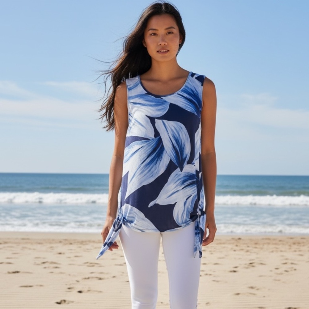 Blue and White Tropical Floral Side Tie-Hem Sleeveless Tunic, XL